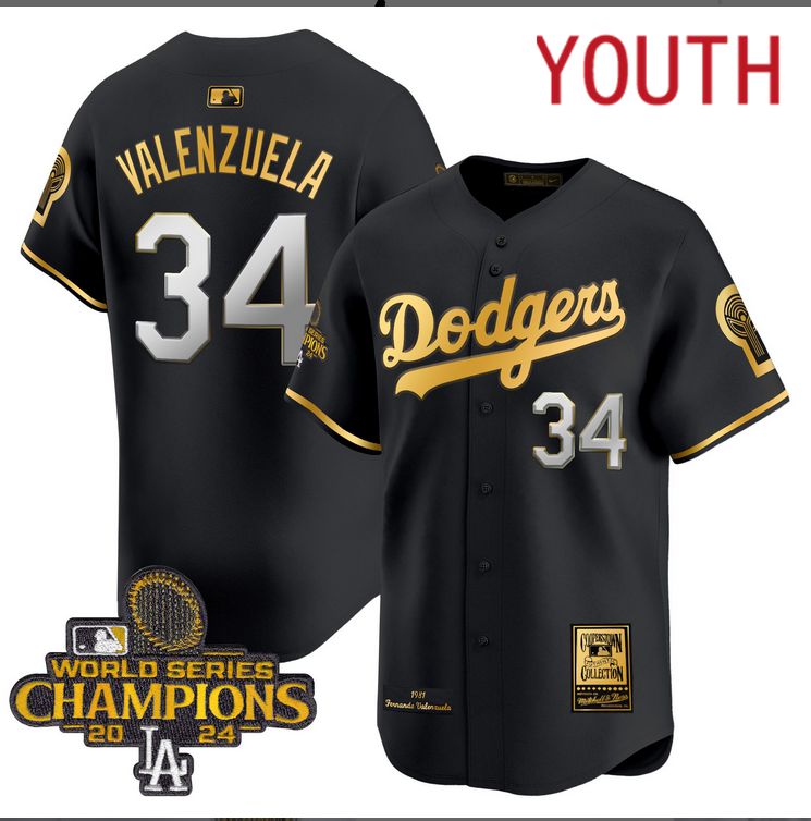 Youth MLB Los Angeles Dodgers 34 Valenzuela black 2024 World Series Champions Patch Cooperstown Jersey